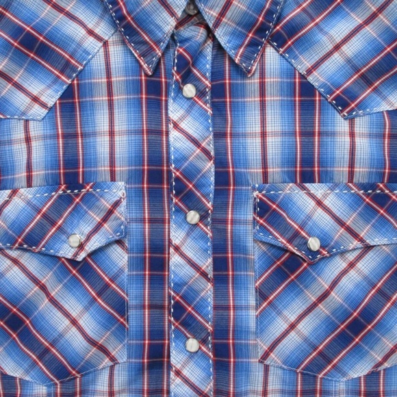 Wrangler Shirt Adult 2XL XXL Pearl Snap Blue Red Tartan Plaid Mens Button Down - Picture 2 of 13